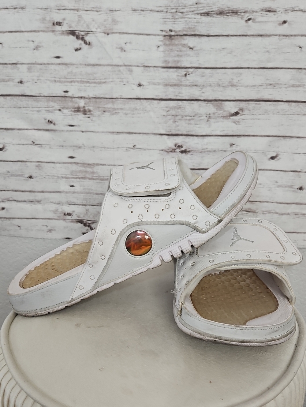 Jordan White Slide Sandals with Amber Accent